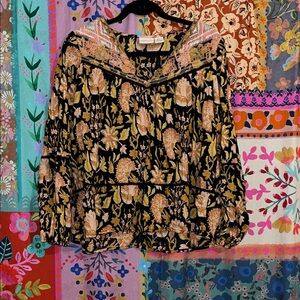 Rachel Zoe Boho Black and Gold Cotton Floral Blouse Size Small